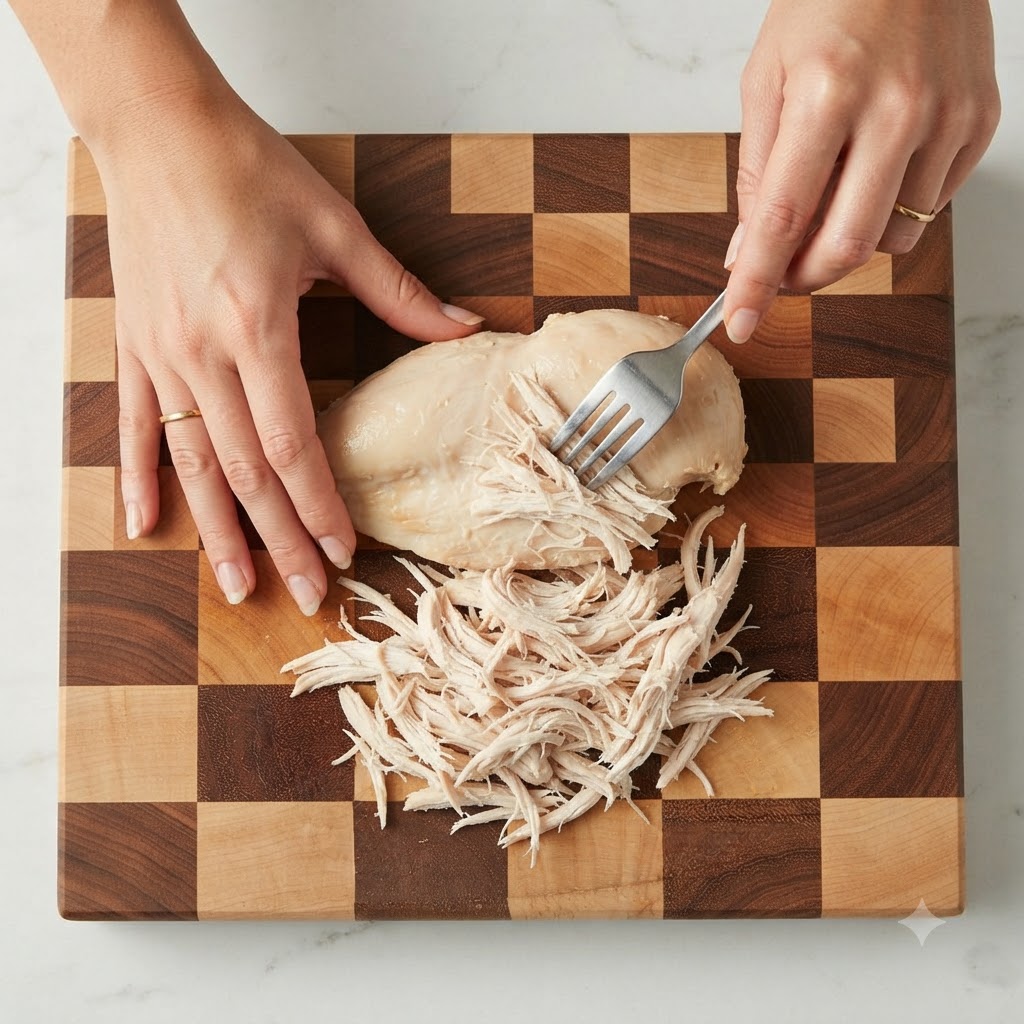 Una pechuga de pollo cocida sobre una tabla de cortar de madera siendo desmenuzada con un tenedor de metal.
