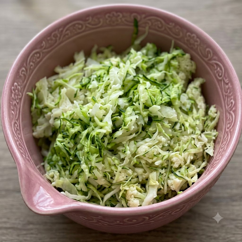 Col rizada desmenuzada y mezcla de pollo al pesto dispuestas dentro de un bol rosa.