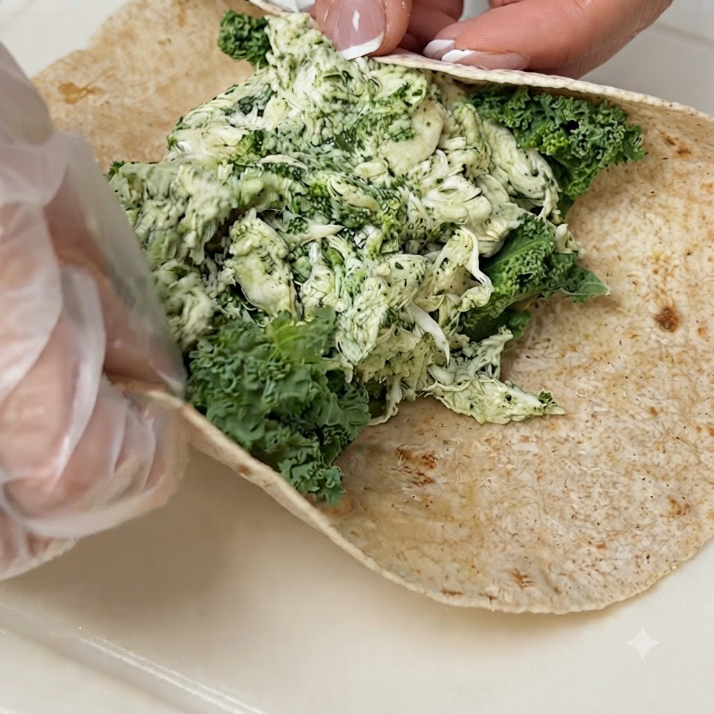Una tortilla siendo enrollada firmemente sobre un relleno de col rizada verde y pollo desmenuzado en una tabla de cortar.