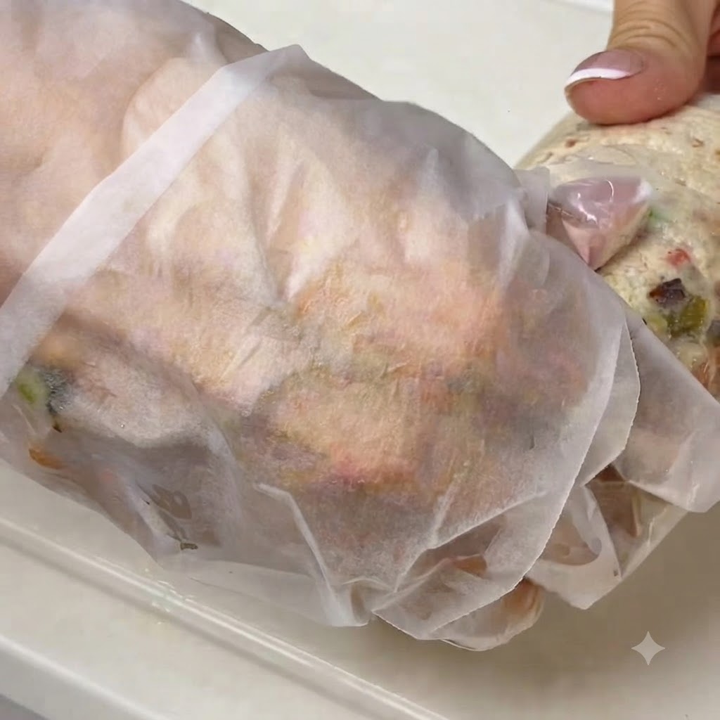 Una mano sosteniendo papel pergamino sobre un wrap que se está friendo en una sartén.