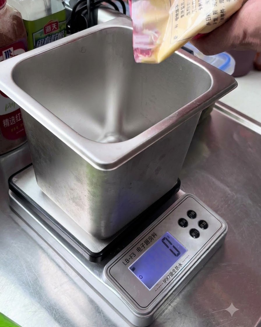 Una bolsa de mayonesa siendo exprimida en un recipiente de metal apoyado sobre una báscula de cocina digital.