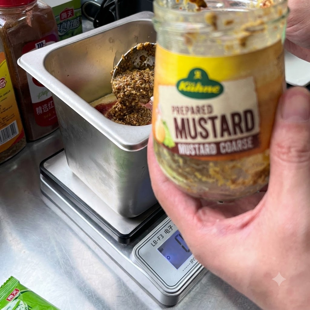 Una cuchara con semillas de mostaza rústica siendo añadida desde un frasco hacia el recipiente de la salsa.