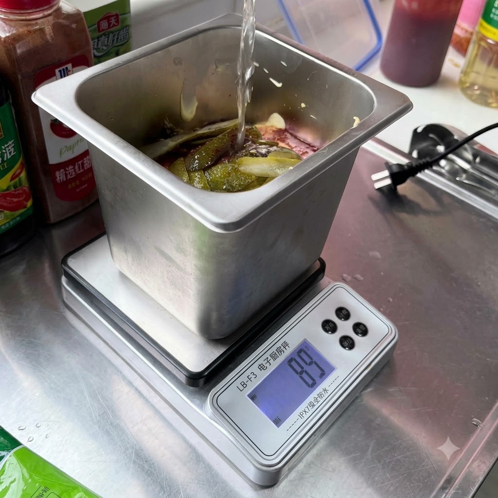 Rodajas de pepinillos en vinagre siendo añadidas al recipiente de metal con los ingredientes de la salsa.