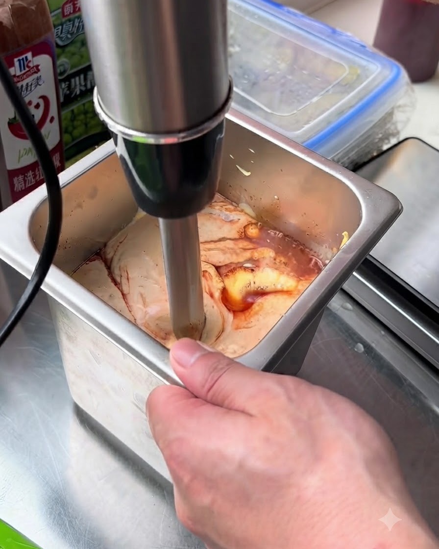Una licuadora de mano de inmersión mezclando los ingredientes de la salsa burger dentro del recipiente de metal.