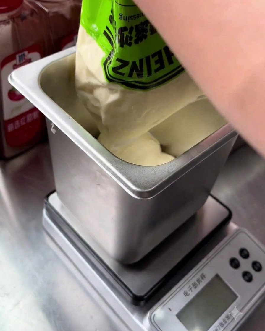 Mayonesa blanca siendo exprimida desde una bolsa comercial hacia un recipiente de metal cuadrado limpio.